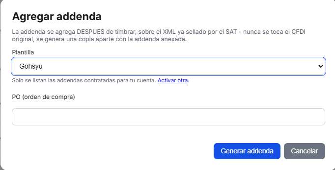 Captura del sistema de TimbraMX con Addenda Gohsyu para CFDI 4.0