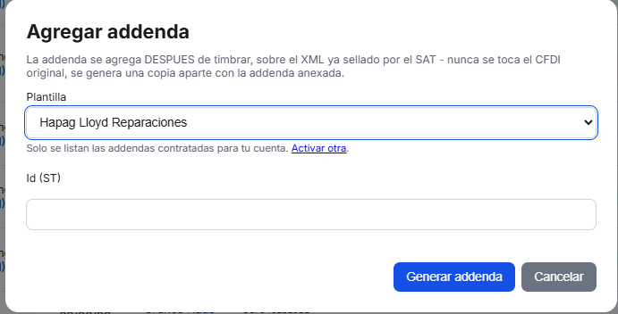 Captura del sistema de TimbraMX con Addenda Hapag Lloyd para CFDI 4.0