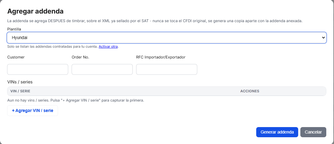 Captura del sistema de TimbraMX con Addenda Hyundai para CFDI 4.0