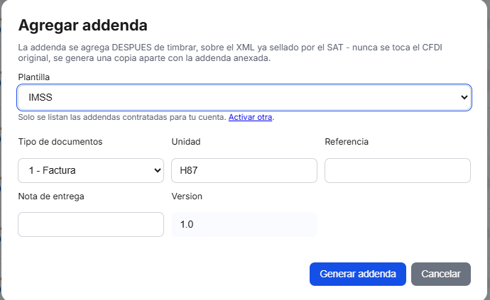 Captura del sistema de TimbraMX con Addenda IMSS para CFDI 4.0