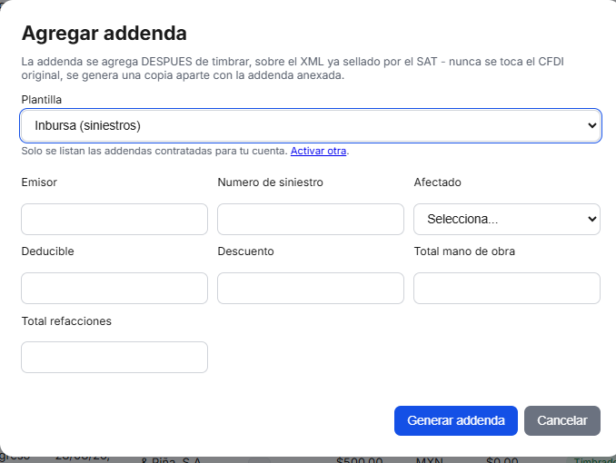 Captura del sistema de TimbraMX con Addenda Inbursa para CFDI 4.0