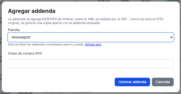 Captura del sistema de TimbraMX con Addenda Innovasport para CFDI 4.0