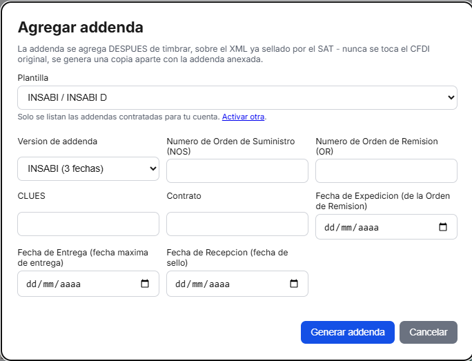 Captura del sistema de TimbraMX con Addenda INSABI para CFDI 4.0