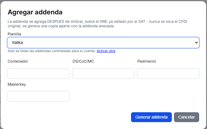 Captura del sistema de TimbraMX con Addenda Italika para CFDI 4.0