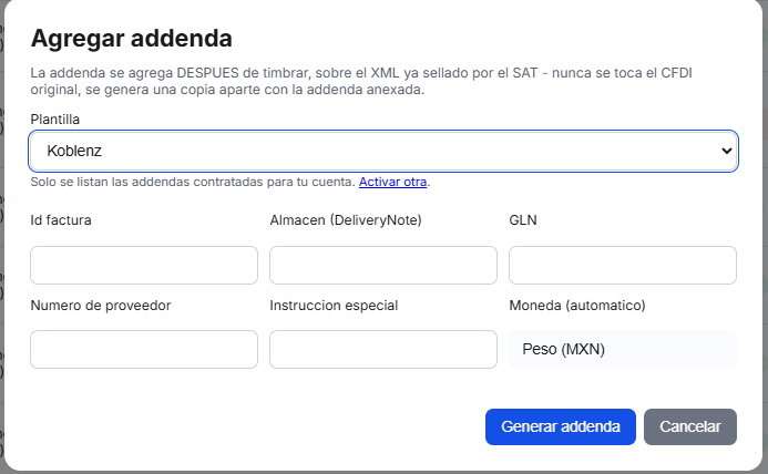 Captura del sistema de TimbraMX con Addenda Koblenz para CFDI 4.0