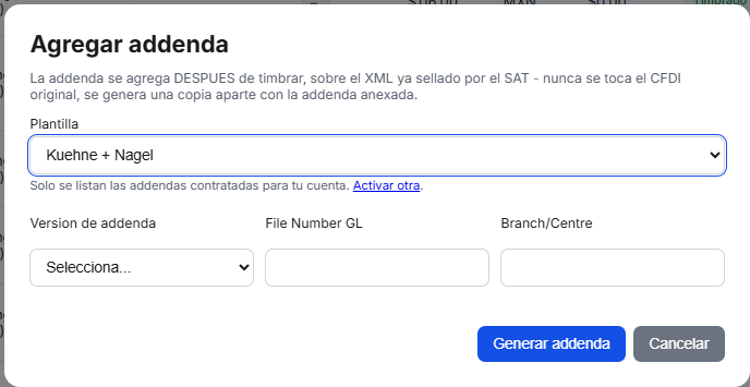 Captura del sistema de TimbraMX con Addenda Kuehne+Nagel para CFDI 4.0