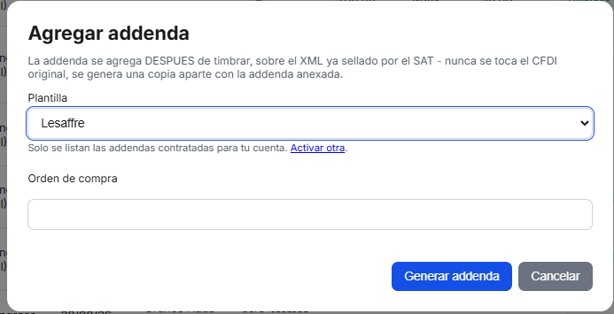 Captura del sistema de TimbraMX con Addenda Lesaffre para CFDI 4.0