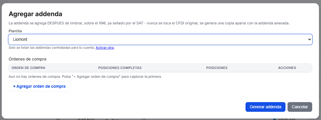 Captura del sistema de TimbraMX con Addenda Laboratorios Liomont para CFDI 4.0