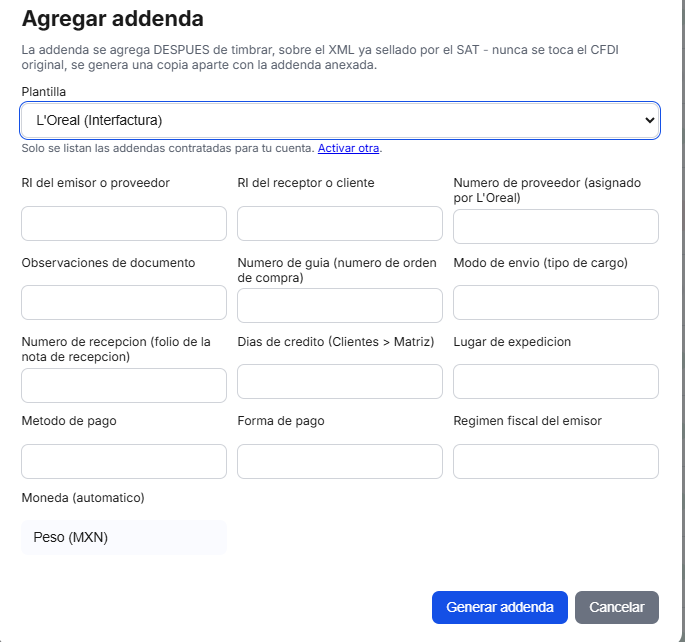 Captura del sistema de TimbraMX con Addenda L'Oreal para CFDI 4.0