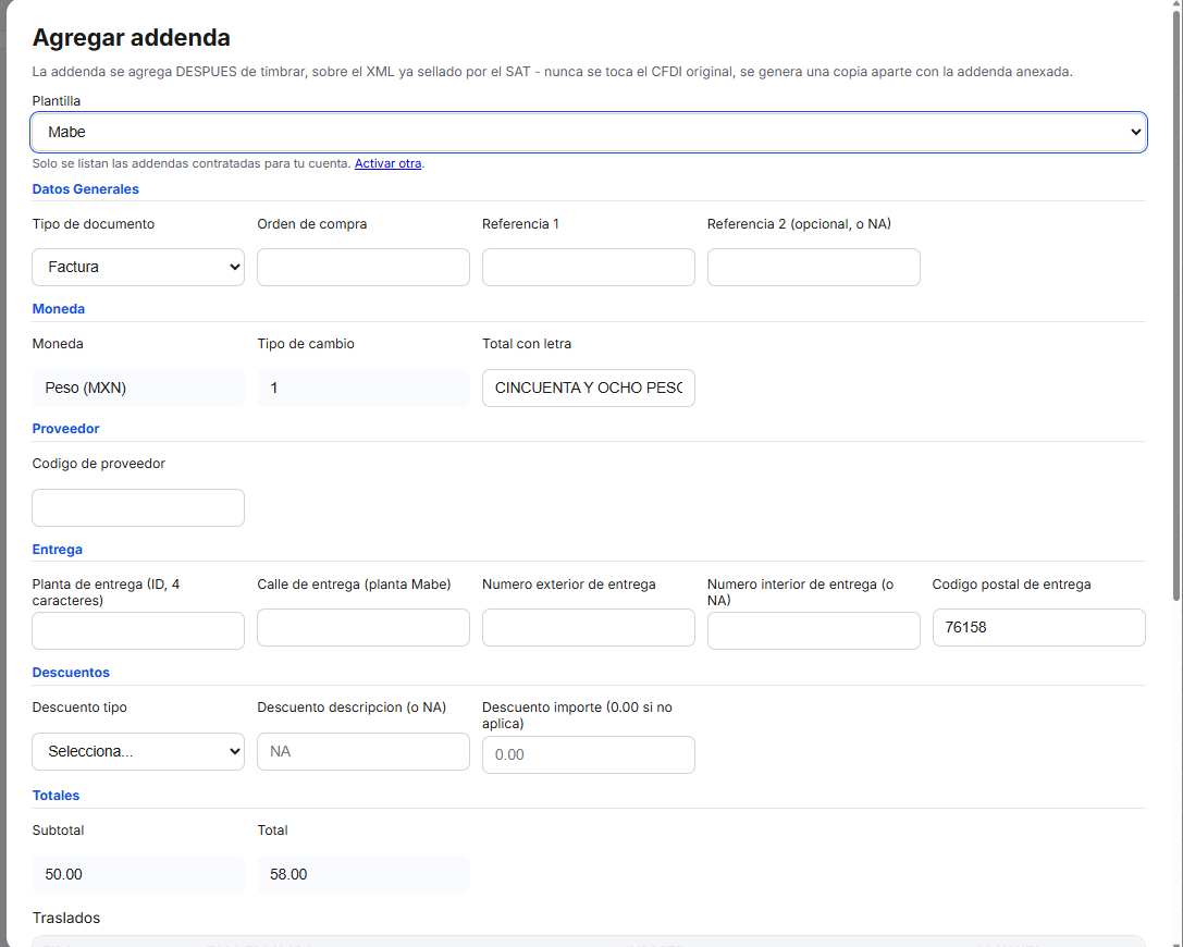 Captura del sistema de TimbraMX con Addenda Mabe para CFDI 4.0