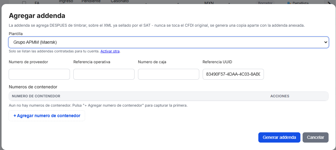 Captura del sistema de TimbraMX con Addenda Grupo APMM (Maersk) para CFDI 4.0