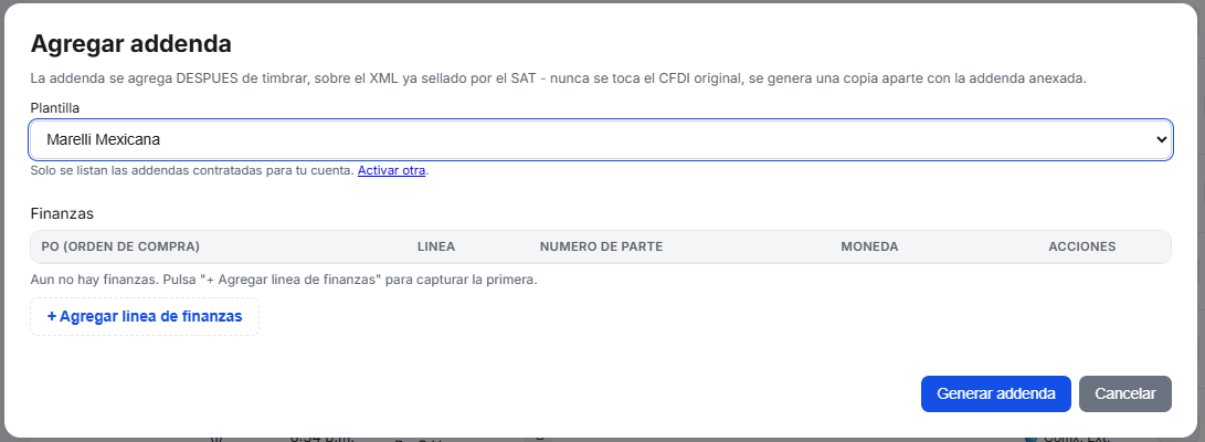 Captura del sistema de TimbraMX con Addenda Marelli Mexicana para CFDI 4.0
