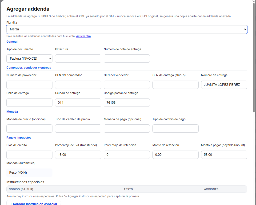 Captura del sistema de TimbraMX con Addenda Merza para CFDI 4.0