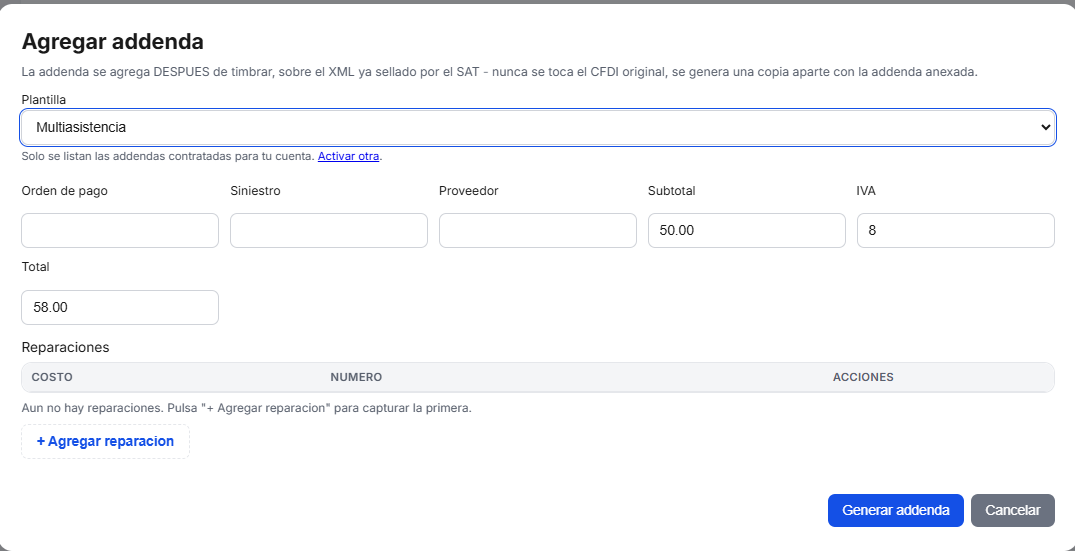 Captura del sistema de TimbraMX con Addenda Multiasistencia para CFDI 4.0