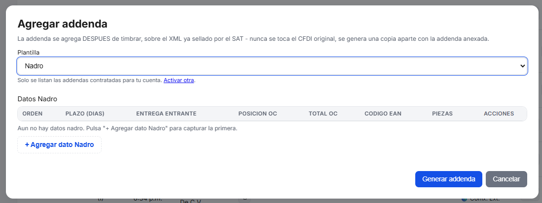 Captura del sistema de TimbraMX con Addenda Nadro para CFDI 4.0