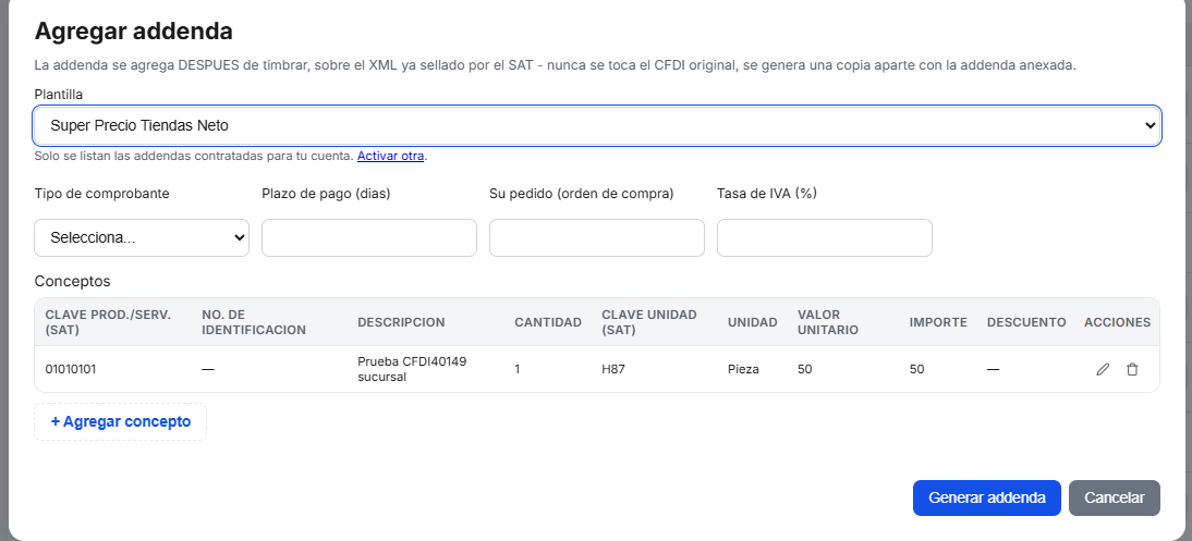 Captura del sistema de TimbraMX con Addenda Tiendas Neto para CFDI 4.0