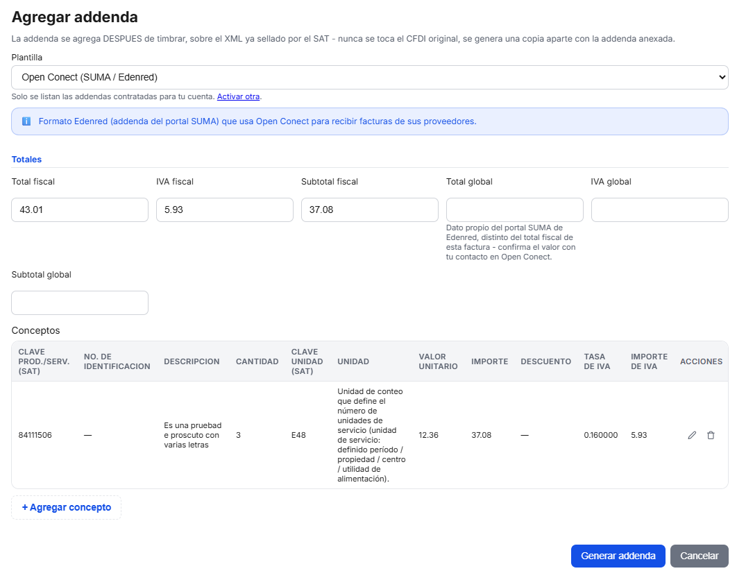 Captura del sistema de TimbraMX con Addenda Open Conect (SUMA Pay / Edenred) para CFDI 4.0