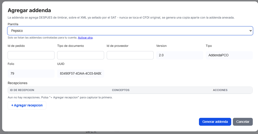 Captura del sistema de TimbraMX con Addenda PepsiCo para CFDI 4.0