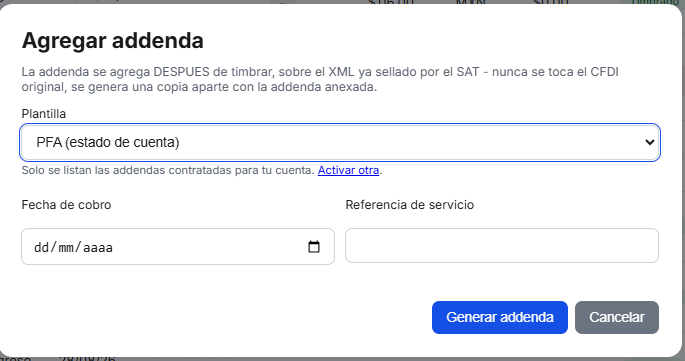 Captura del sistema de TimbraMX con Addenda PFA (Promotora Financiera y Asociados) para CFDI 4.0