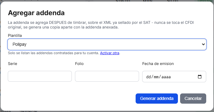 Captura del sistema de TimbraMX con Addenda Polipay para CFDI 4.0