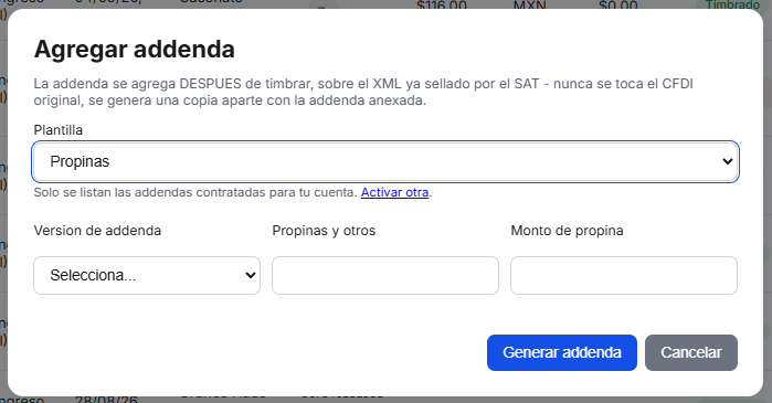 Captura del sistema de TimbraMX con Addenda Propinas (National Soft) para CFDI 4.0