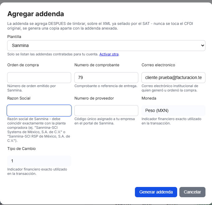 Captura del sistema de TimbraMX con Addenda Sanmina para CFDI 4.0
