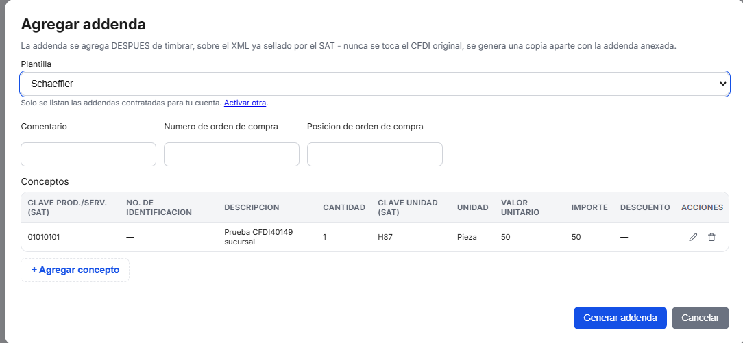 Captura del sistema de TimbraMX con Addenda Schaeffler para CFDI 4.0