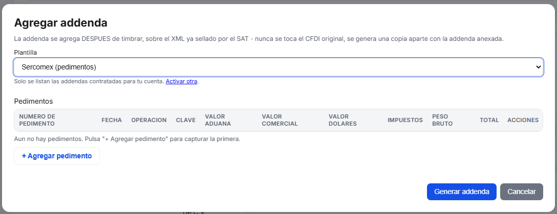 Captura del sistema de TimbraMX con Addenda Sercomex para CFDI 4.0