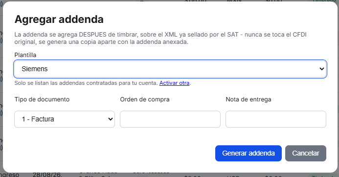 Captura del sistema de TimbraMX con Addenda Siemens para CFDI 4.0