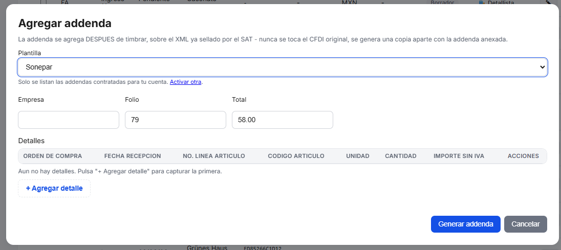 Captura del sistema de TimbraMX con Addenda Sonepar para CFDI 4.0