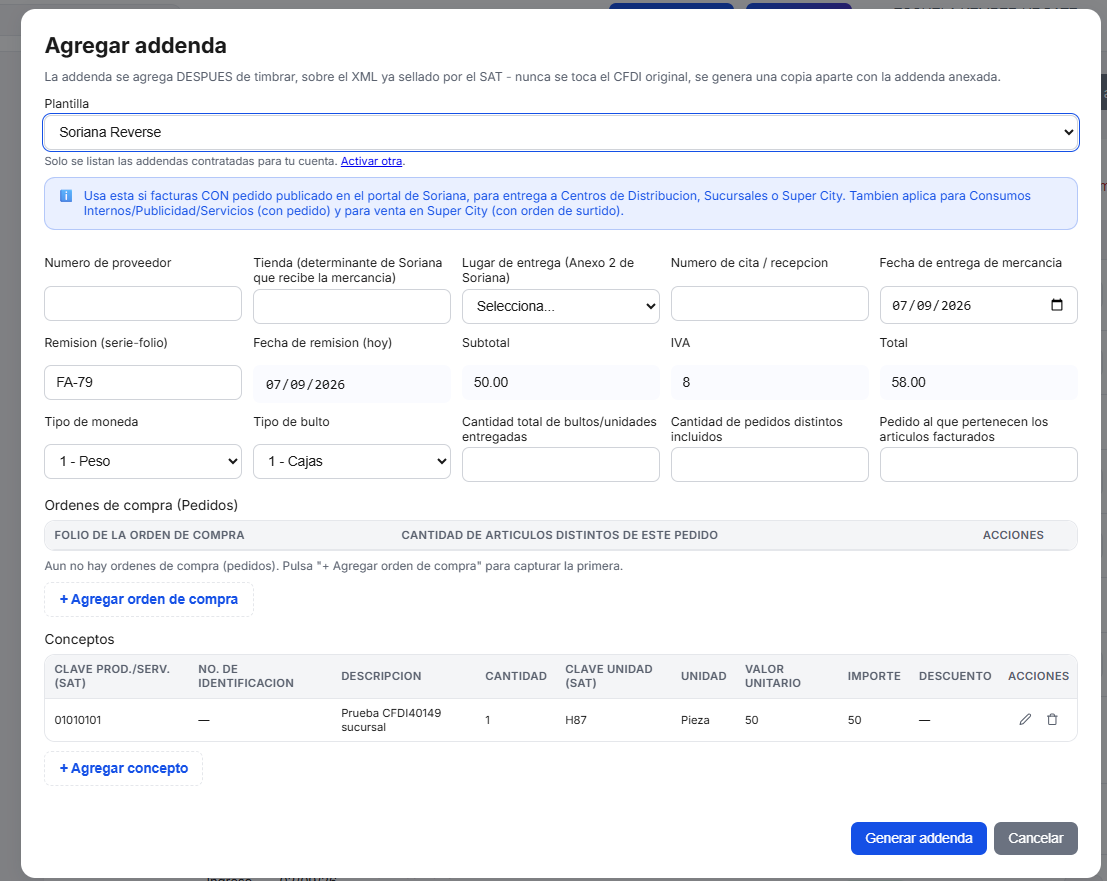 Captura del sistema de TimbraMX con Addenda Soriana Reverse (Logística Inversa) para CFDI 4.0