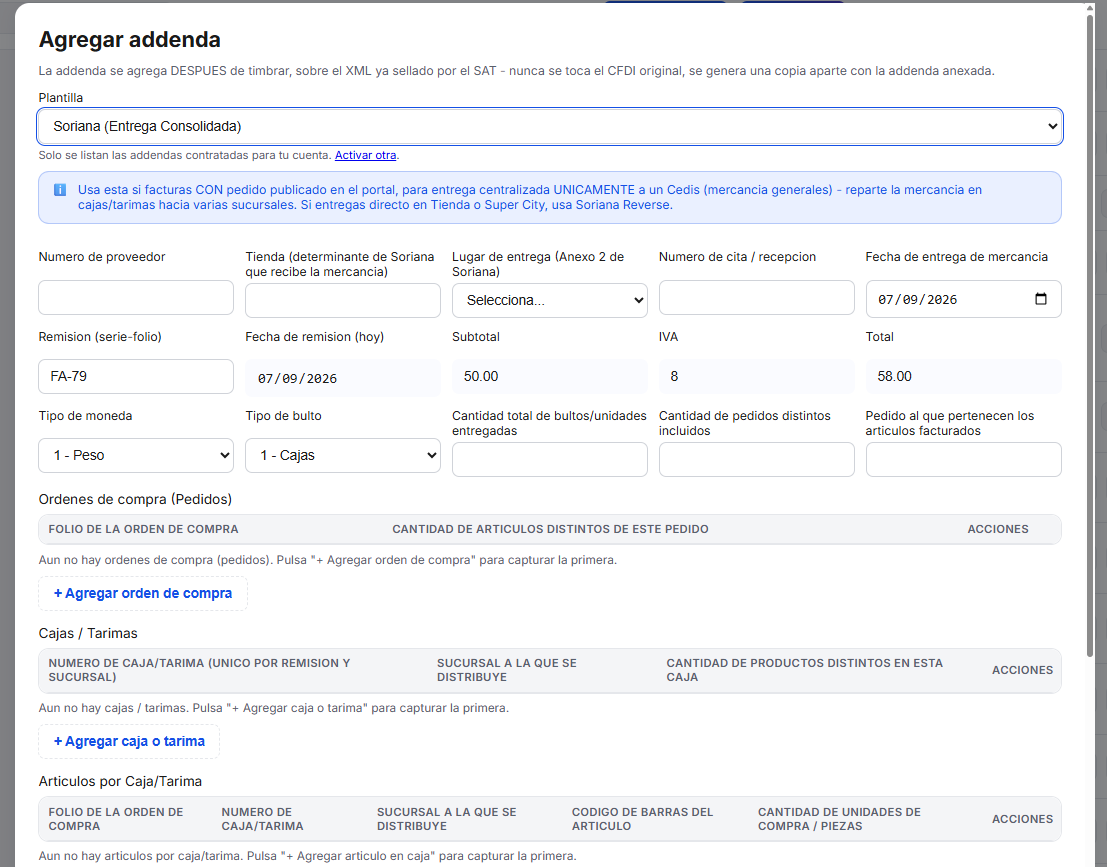 Captura del sistema de TimbraMX con Addenda Soriana para CFDI 4.0