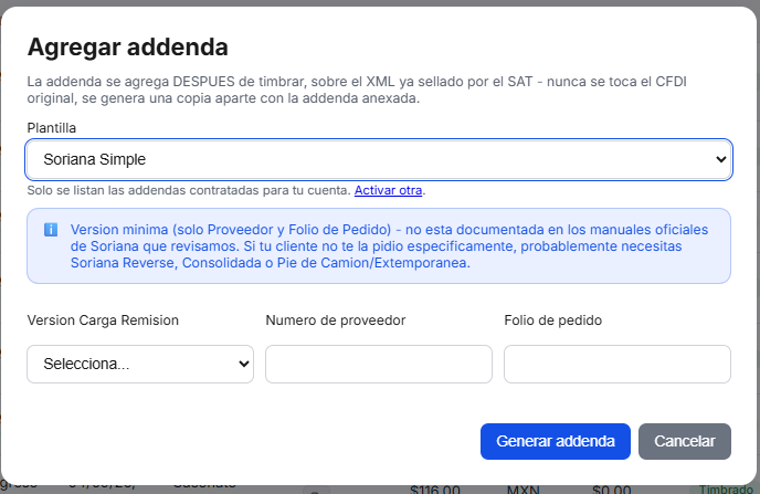 Captura del sistema de TimbraMX con Addenda Soriana Simplificada (Simple) para CFDI 4.0