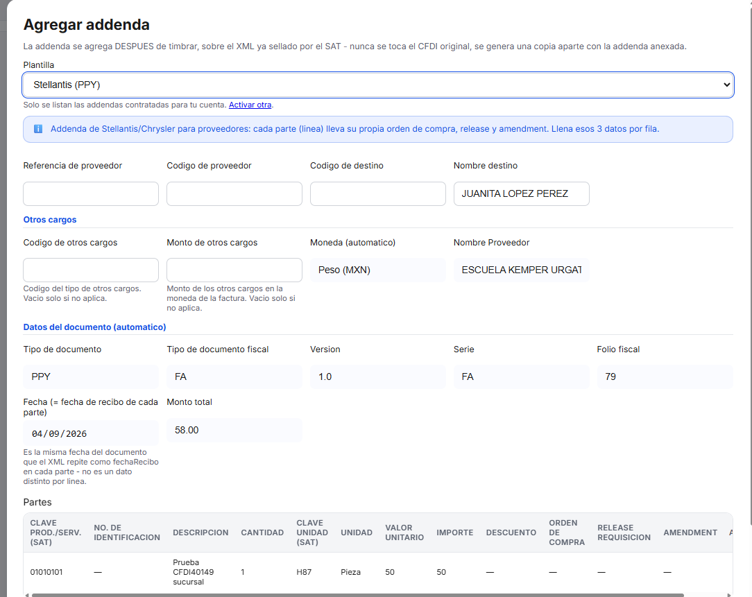 Captura del sistema de TimbraMX con Addenda Stellantis para CFDI 4.0