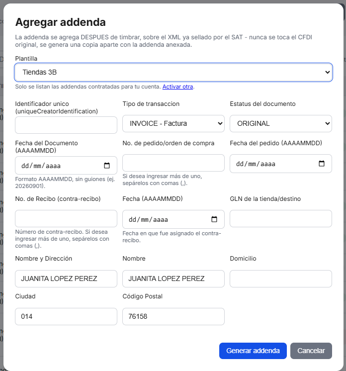 Captura del sistema de TimbraMX con Addenda Tiendas 3B para CFDI 4.0