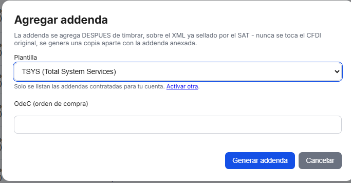 Captura del sistema de TimbraMX con Addenda TSYS para CFDI 4.0