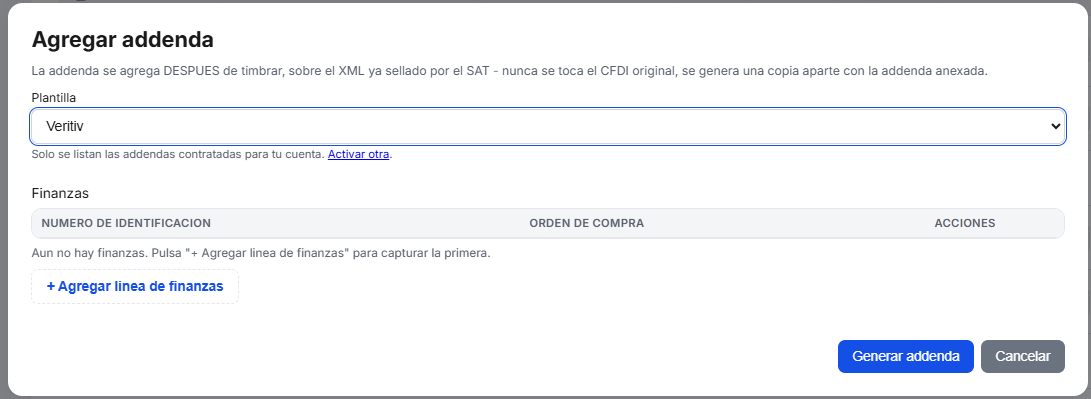 Captura del sistema de TimbraMX con Addenda Veritiv para CFDI 4.0