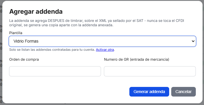 Captura del sistema de TimbraMX con Addenda Vidrio Formas para CFDI 4.0