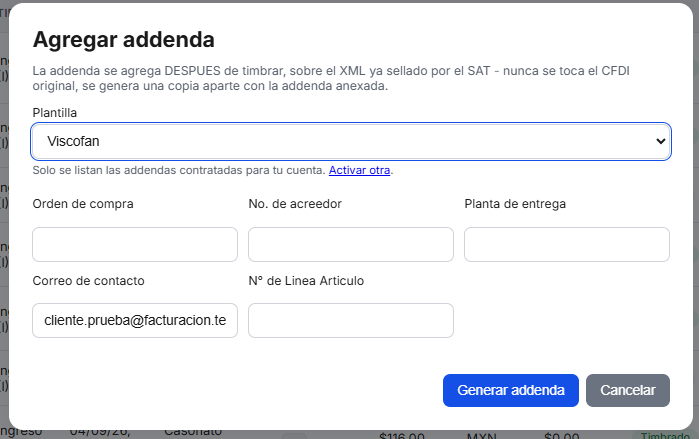 Captura del sistema de TimbraMX con Addenda Viscofan para CFDI 4.0