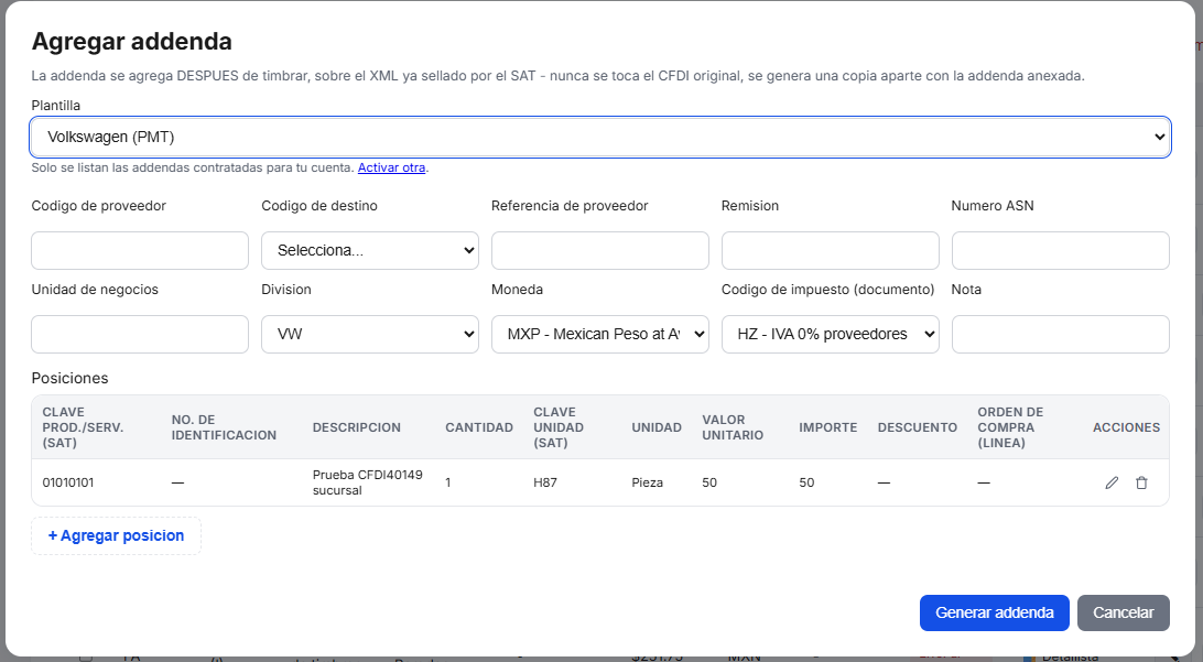 Captura del sistema de TimbraMX con Addenda Volkswagen (PMT) para CFDI 4.0