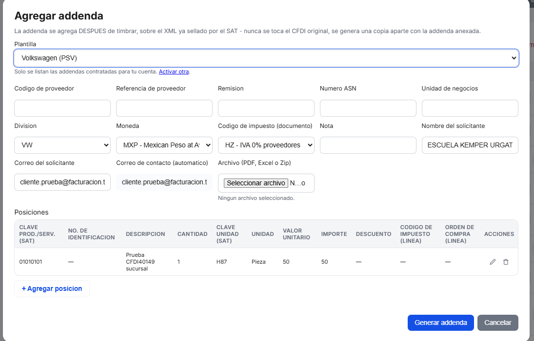 Captura del sistema de TimbraMX con Addenda Volkswagen para CFDI 4.0