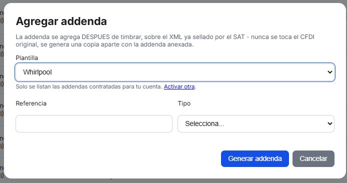 Captura del sistema de TimbraMX con Addenda Whirlpool para CFDI 4.0