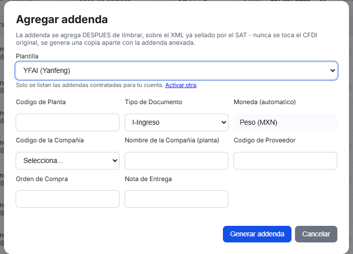 Captura del sistema de TimbraMX con Addenda YFAI (Yanfeng) para CFDI 4.0