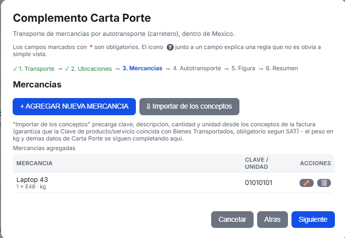Mercancías transportadas en TimbraMX