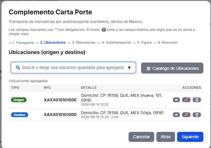 Ubicaciones (origen y destino) en TimbraMX