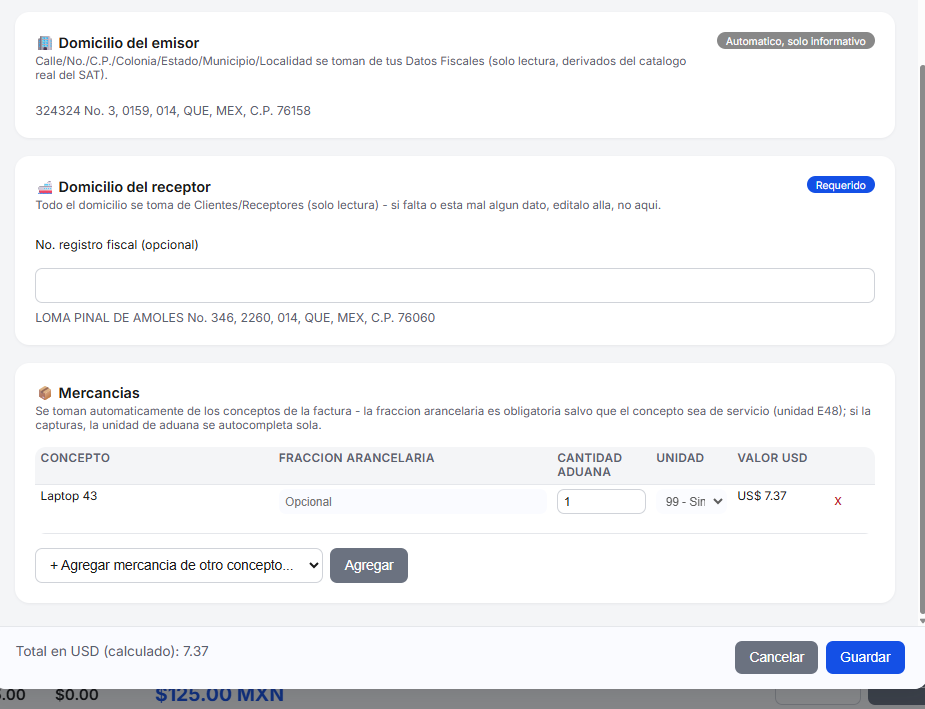 Mercancías exportadas en TimbraMX
