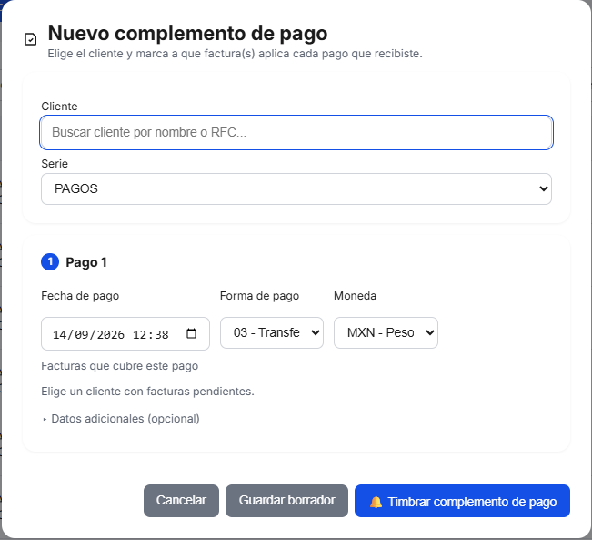 Formulario de Complemento de Pago en TimbraMX