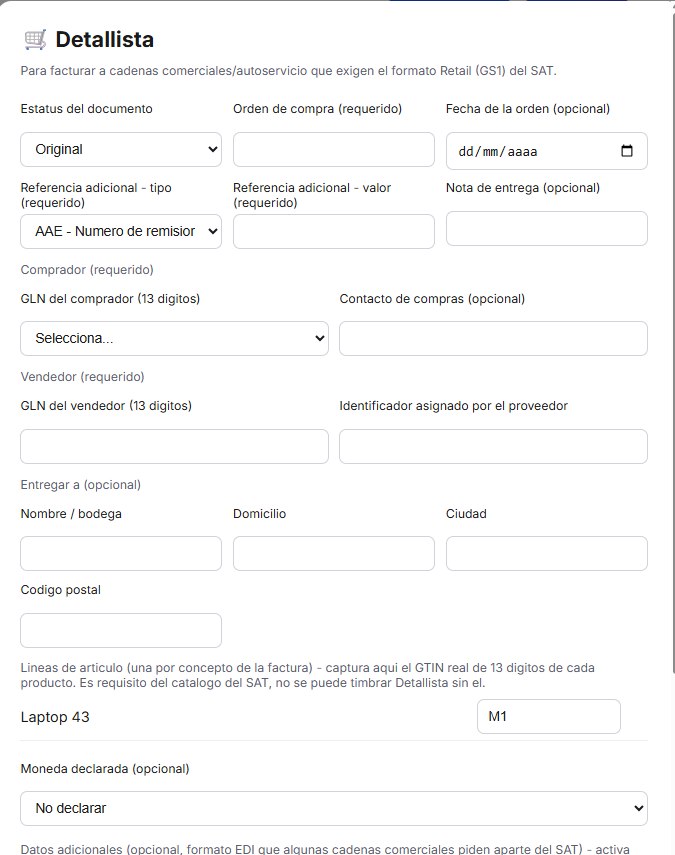 Formulario del Complemento Detallista en TimbraMX