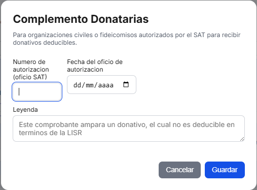 Formulario del Complemento de Donatarias en TimbraMX