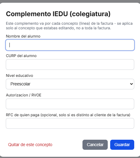 Formulario del Complemento de IEDU (Instituciones Educativas) en TimbraMX